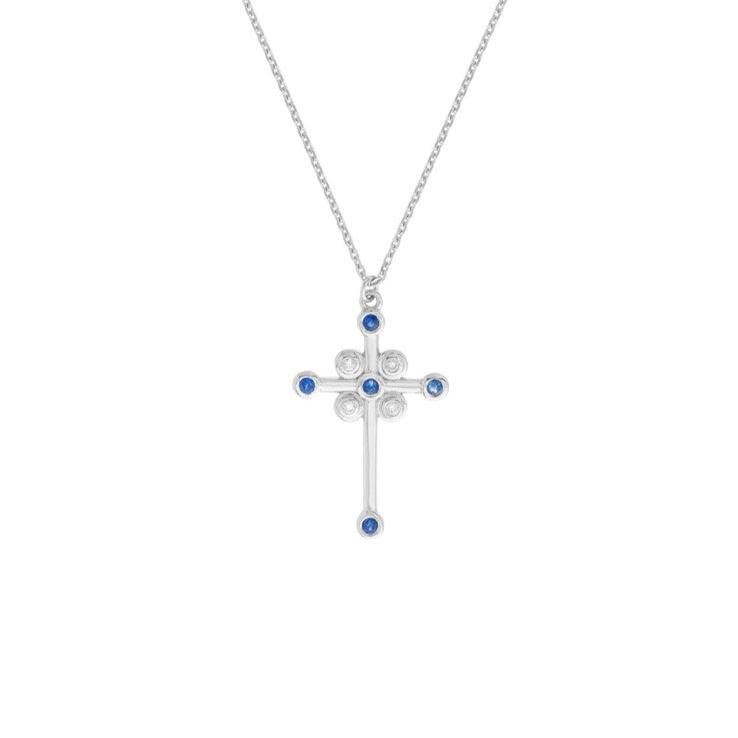 Diamond and Sapphire Cross 14kt Gold Necklace