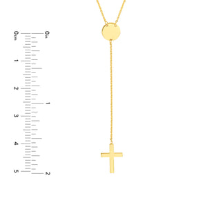 Religious Cross Lariat 14kt Gold Necklace with Disc Accent