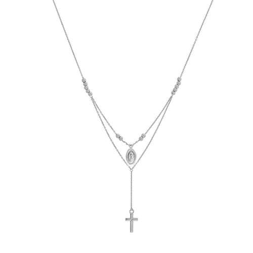 Adjustable Sterling Silver Virgin Mary and Cross Drop Choker 17