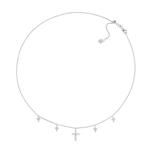 Adjustable Sterling Silver Choker with Dangling CZ Crosses 17