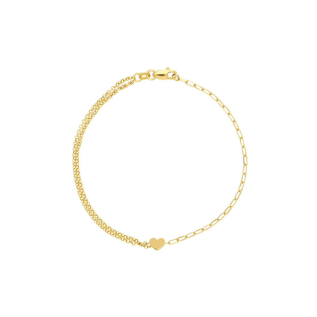 50/50 Paper Clip + Double Rolo Heart 14kt Gold Bracelet